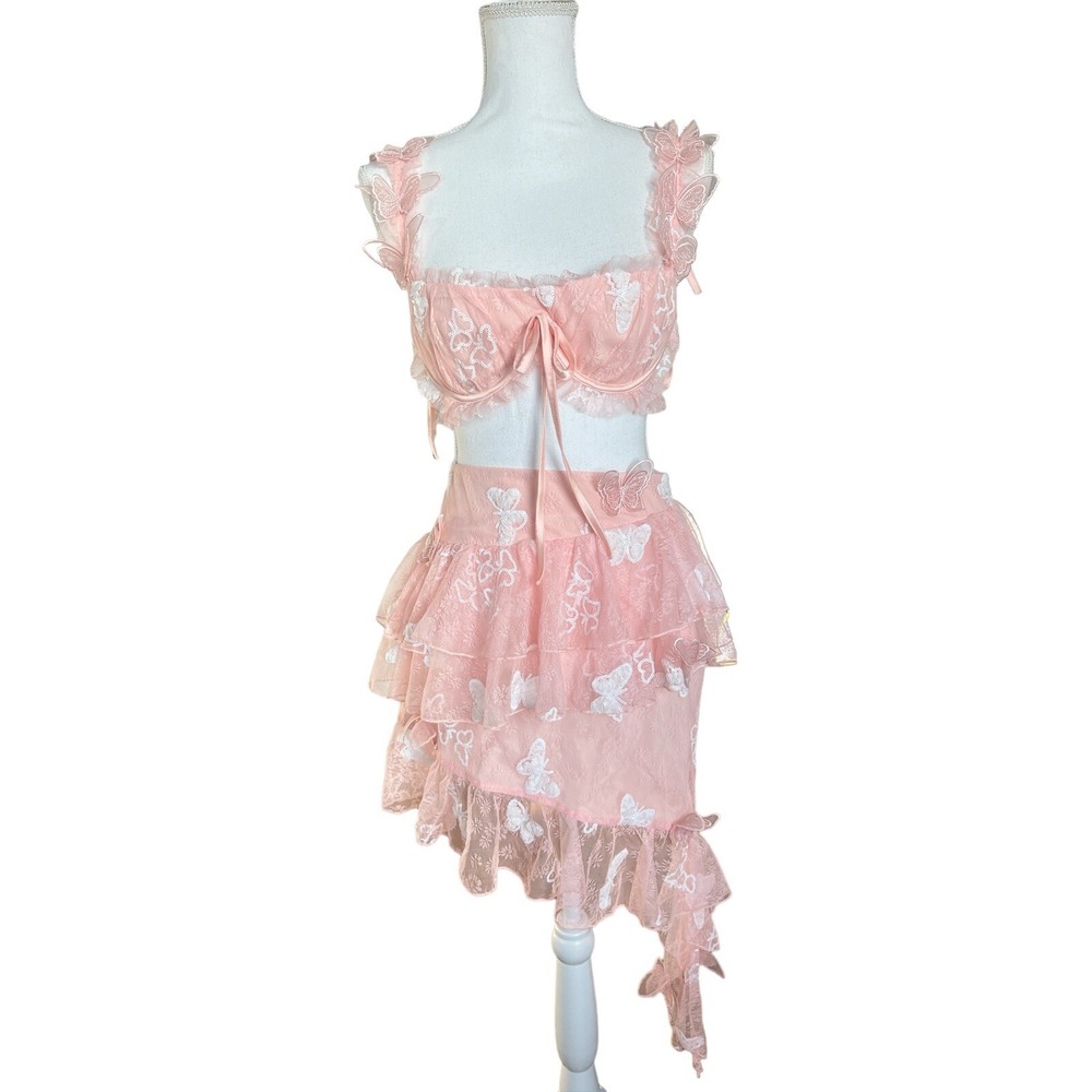 For Love & Lemons Pink Butterfly Lace Ruffle Tiered Mini Skirt Set Small